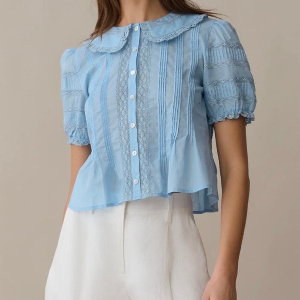 Dorothy Cotton Top in Sky Blue - Collared Blouse - Coquette Prairie Style